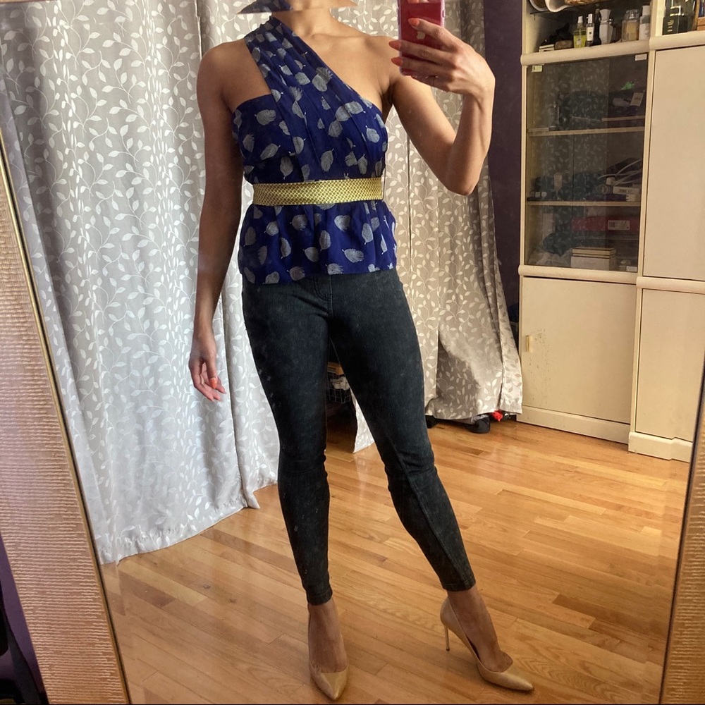 Fei one shoulder asymmetrical silk blue top